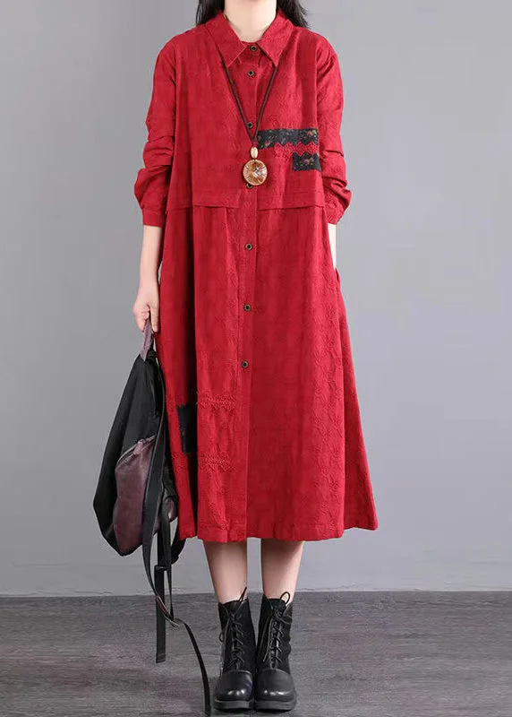 Red Pockets Patchwork Cotton Shirts Dresses Peter Pan Collar Fall Light Shirt Dress