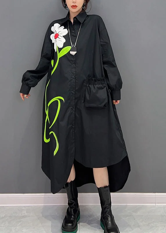 Black Peter Pan Collar Low High Design Maxi Shirts Dress Long Sleeve Shirt Dress Casual