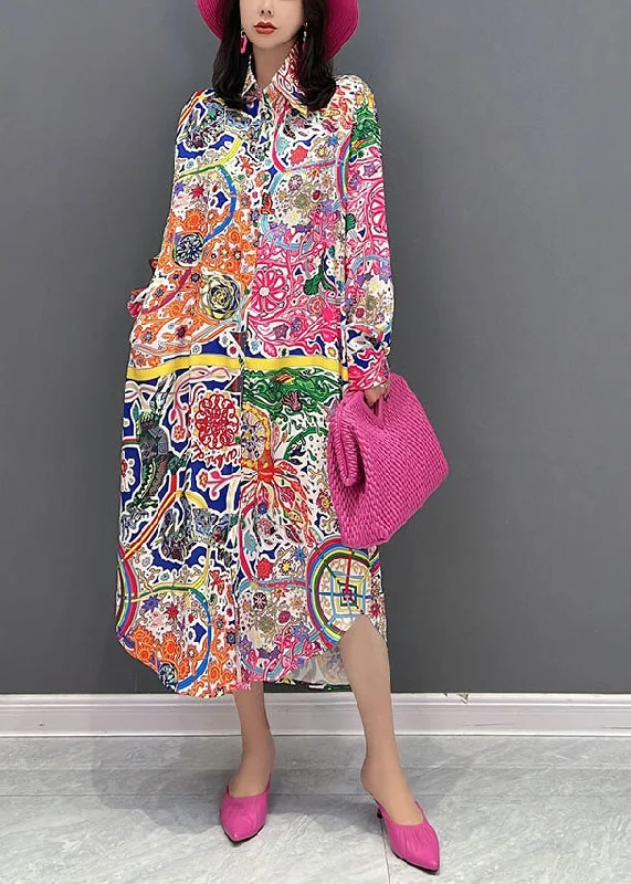 French Red Peter Pan Collar Print Shirt Dress Long Sleeve Lace Shirt Dress