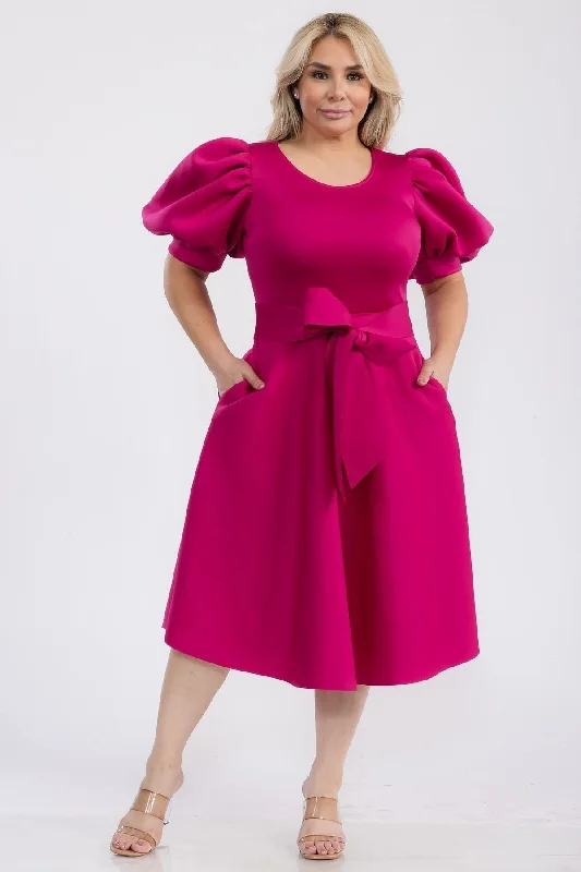 Plus Size Puffy sleeves Flare Knee Dresses With Pockets Plus Size Off-shoulder