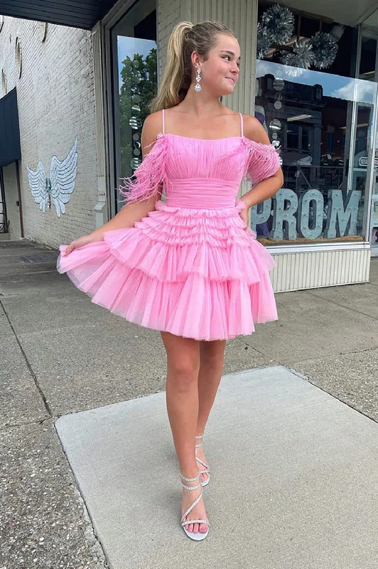 Cute Pink A Line Feather Tulle Homecoming Dresses Tulle Dress Sparkly