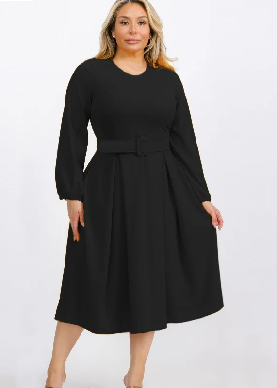 Plus Size Bishop Sleeves Sleeves Midi Dress with Belt Elegant Plus Gown