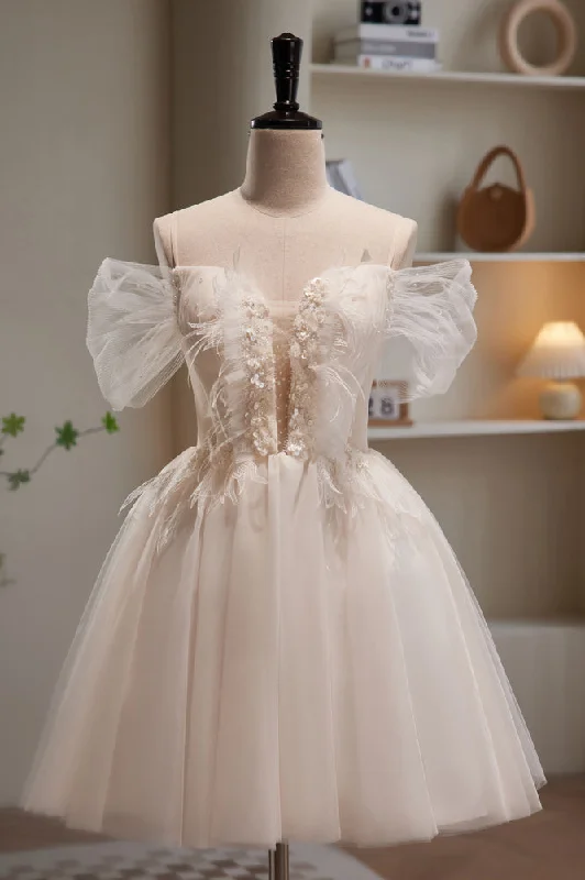 Chic Ivory Off The Shoulder Beading Tulle Short Homecoming Dresses Romantic Tulle Dress