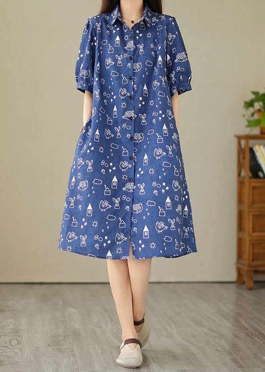 Women Blue Peter Pan Collar Print Patchwork Denim Shirts Dress Summer Elegant Shirt Dress
