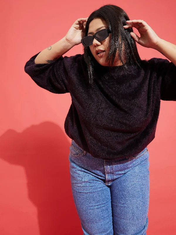 Women Black Fleece Fur High Neck Sweatshirt Hoodies for Winter Wear