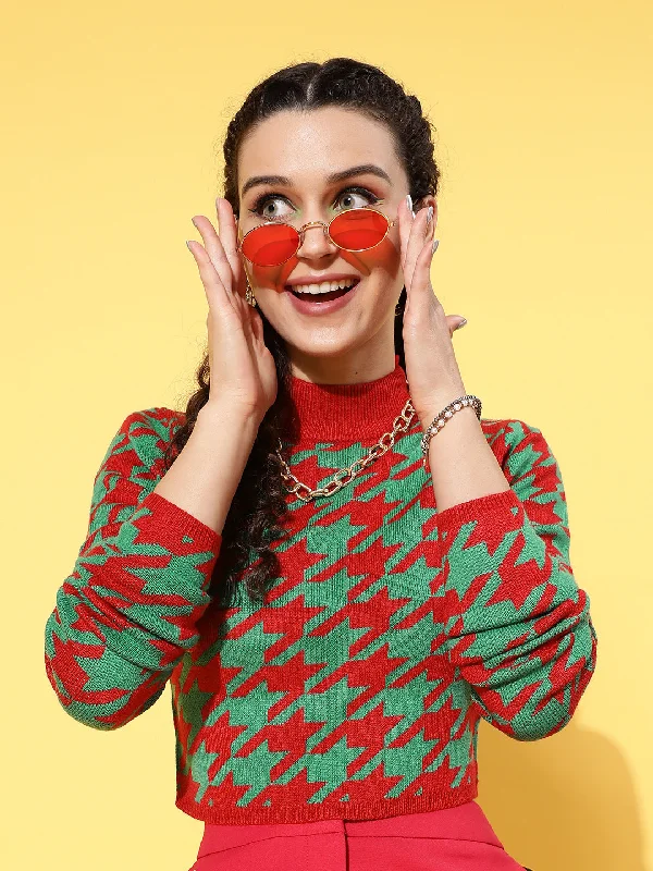 Women Red And Green Houndstooth Crop Sweater Classic Women’s Sweatshirt