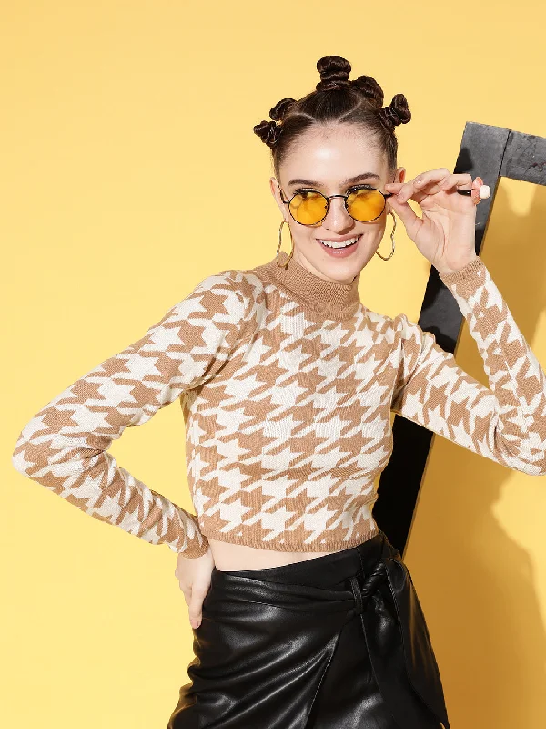Women Brown And White Houndstooth Crop Sweater Casual Graphic Hoodies