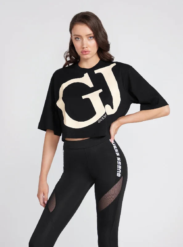 Black GJ Logo Kimono Active Crop T-Shirt Warm Sweatshirts for Women