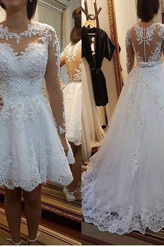2024 A Line Scoop Neck Wedding Dresses Chapel Train Tulle With Applique & Beading Detachable Skirt Long Sleeves Full Skirt Wedding 2024 A Line Scoop Neck Wedding Dresses Chapel Train Tulle With Applique & Beading Detachable Skirt Long Sleeves Full Skirt Wedding