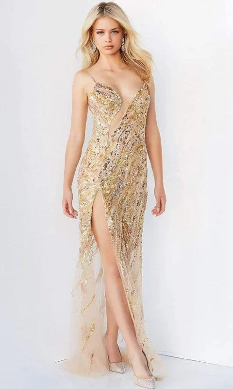 Jovani - 04195 Bejeweled Slit Cut Out Long Gown Chic party dresses