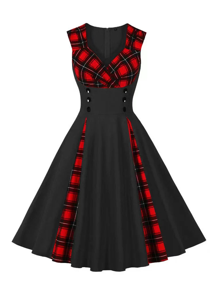 Black and Tartan Sweetheart Neck Double Breasted 50s Robe Women Sleeveless Summer Cotton Rockabilly Vintage Dresses Plus size unclassified dresses