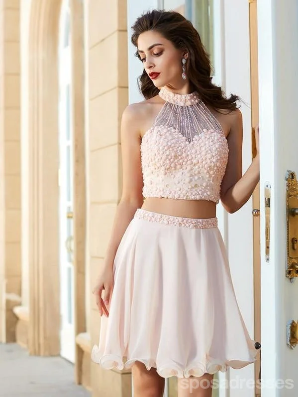 Blush Pink Two Pieces Halter Beaded Cheap Homecoming Dresses Online, CM719 Knitted unclassified dresses