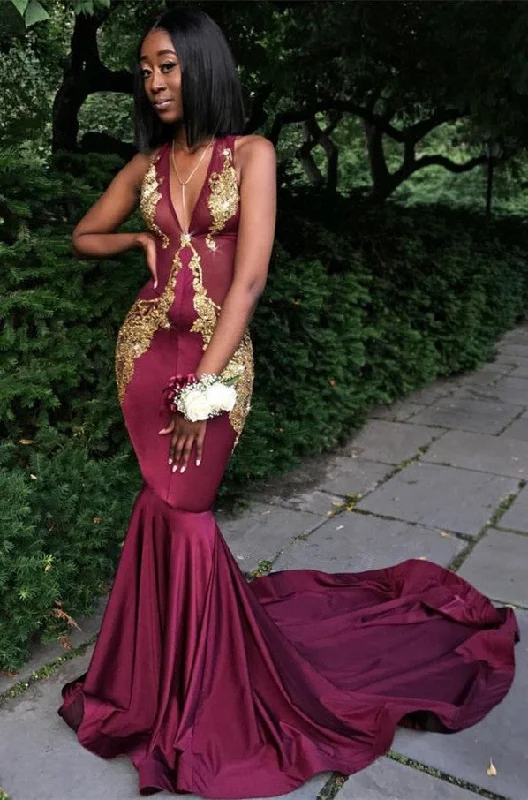 Burgundy V-Neck Prom Dress, Mermaid Evening Dress Metallic unclassified dresses