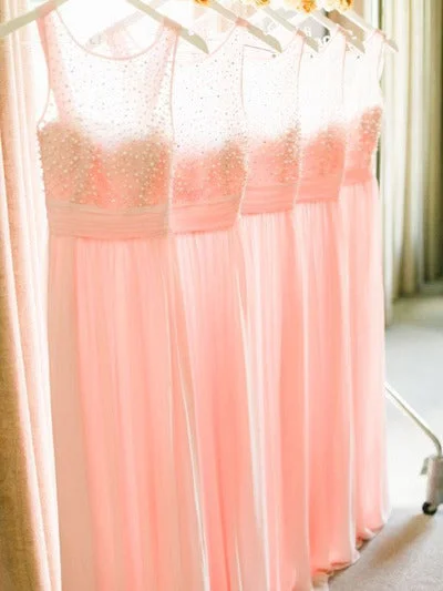 Chic Bridesmaid Dresses Pink A-line Floor-length Chiffon Beading Bridesmaid Dresses JKB062 Tulle unclassified dresses