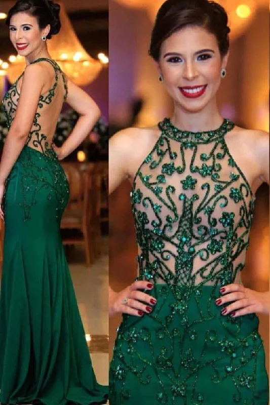 Chic Sleeveless Round Neck Beading Prom Dresses With Open Back Dark Green Evening Gowns Neutral tone unclassified dresses Chic Sleeveless Round Neck Beading Prom Dresses With Open Back Dark Green Evening Gowns Neutral tone unclassified dresses