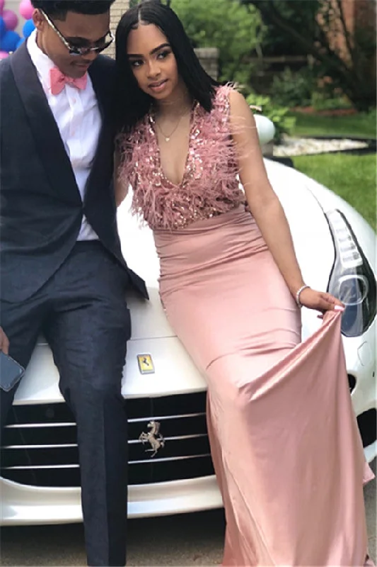 Chic Straps Fur V-Neck Prom Dresses New Arrival Pink Sleeveless Mermaid Evening Gowns Women's unclassified dresses Chic Straps Fur V-Neck Prom Dresses New Arrival Pink Sleeveless Mermaid Evening Gowns Women's unclassified dresses