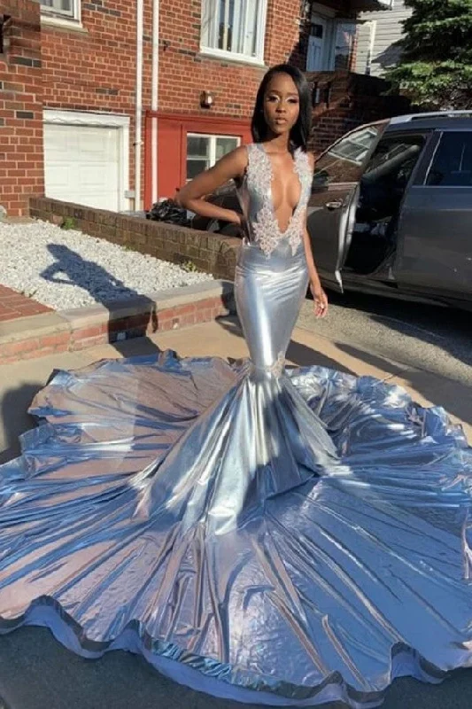 Deep V-neck Sleeveless Appliques Court Train Mermaid Prom Dresses Spring unclassified dresses