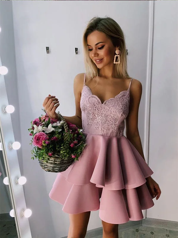 Dusty Pink Spaghetti Straps Embroidery Ruffle Cute Homecoming Dresses AN2208 Holiday unclassified dresses