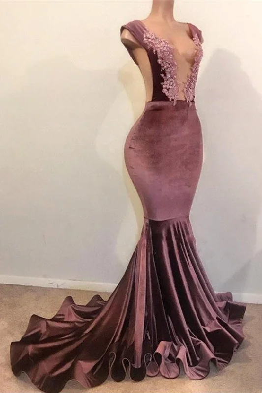Mermaid Sleeveless Floor Length Appliques Velvet Prom Dresses Monochrome unclassified dresses