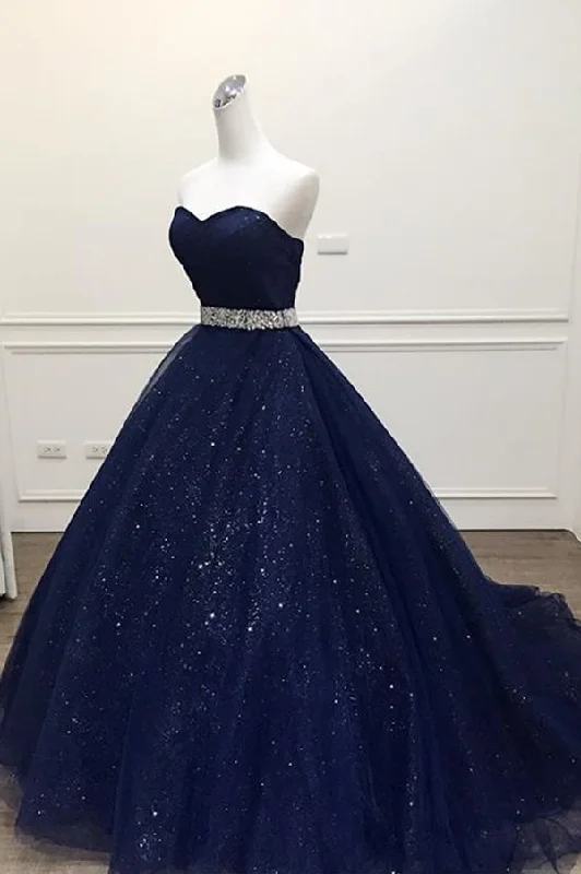 Navy Blue Ball Gown Court Train Sleeveless Mid Back Sparkle Prom Dresses Street style unclassified dresses