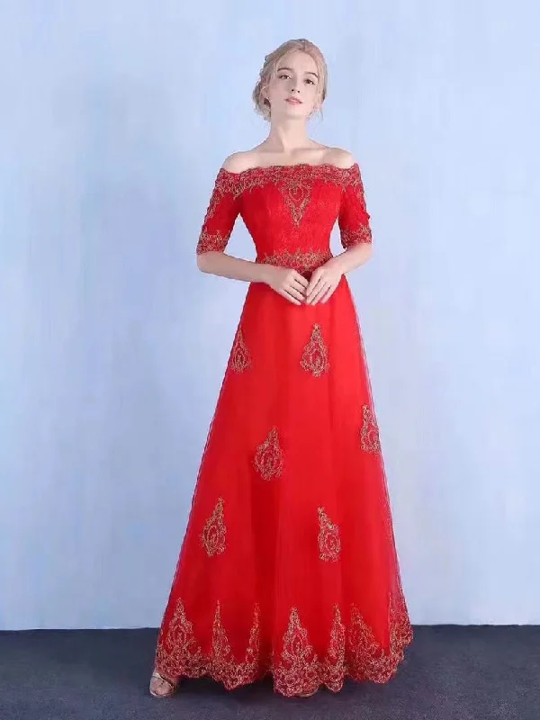Red Prom Dresses Off-the-shoulder Floor-length Appliques Sexy Prom Dress JKL846 Flowy unclassified dresses