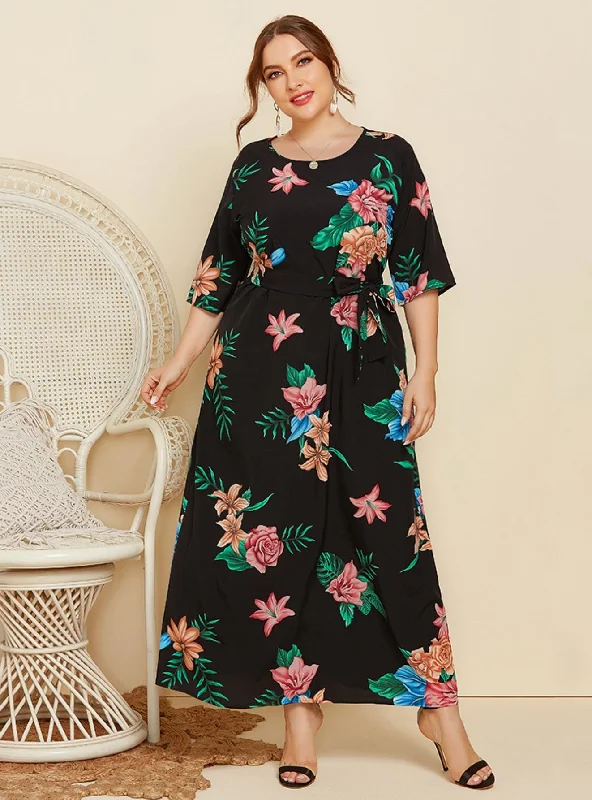 Round Neck Printed Loose Short Sleeve Dress Casual floral dresses