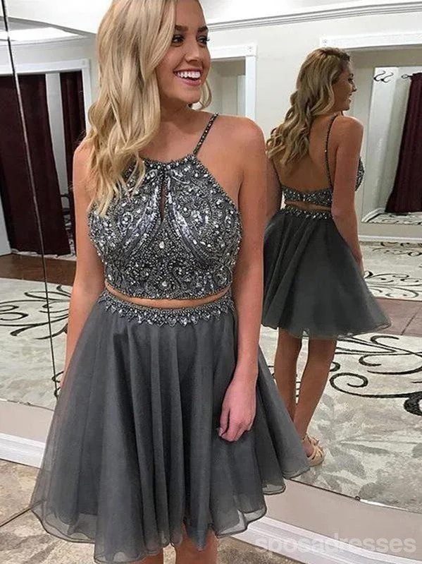 Sexy Two Pieces Beaded Grey Cheap Homecoming Dresses Online, CM714 Festival unclassified dresses