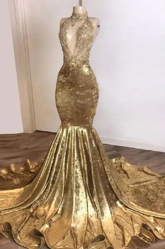 Shinning Champagne Gold Deep V-neck Court Train Mermaid Prom Dresses Halter unclassified dresses