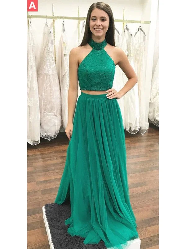 Two Piece Prom Dresses High Neck A-line Floor-length Beautiful Prom Dress JKL795 Tulle unclassified dresses