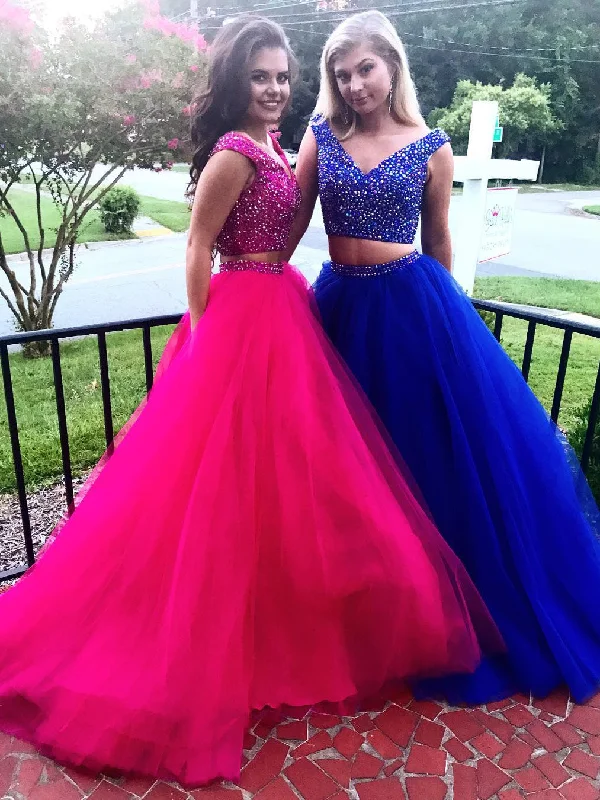 Two Piece Prom Dresses V-neck Rhinestone Sweep Train Sparkly Royal Blue Prom Dress JKL1123 Smocked unclassified dresses