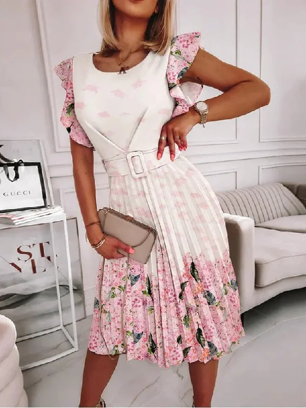 Women's Dresses Crew Neck Printed Ruffle Sleeve Pleated Dress Wedding guest floral dresses