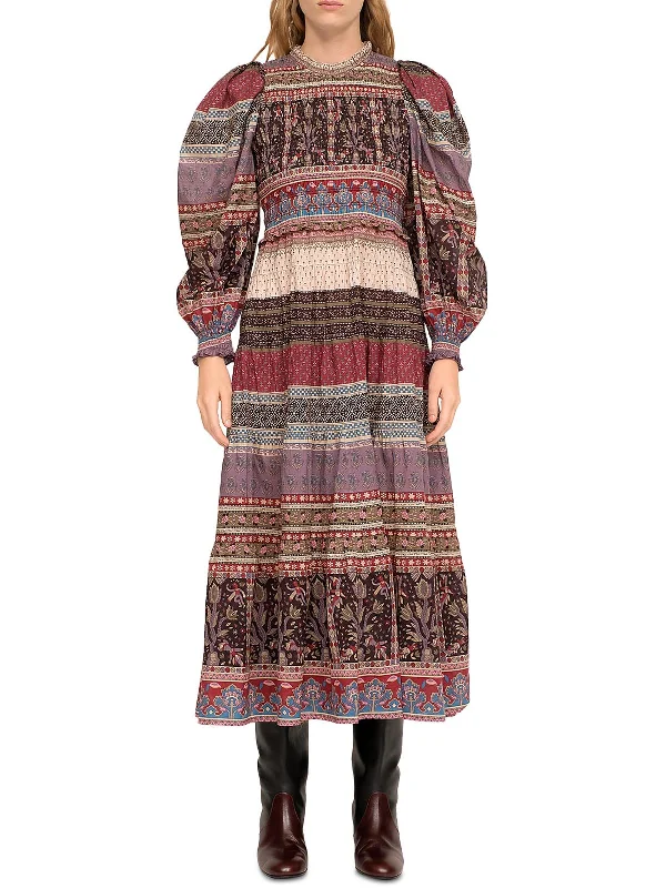 Brooke Womens Printed Smocked Maxi Dress Button-down Maxi Skirt