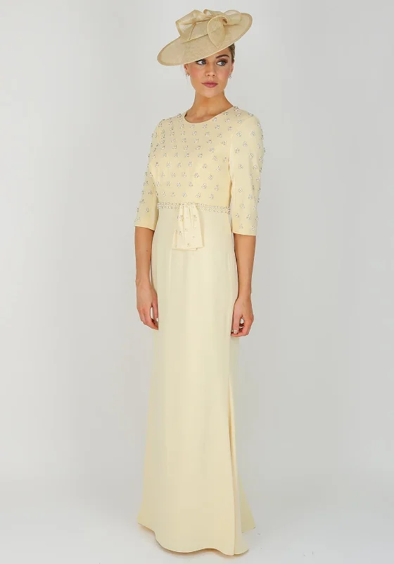 John Charles Embellished Long Crepe Dress UK Size 10, Lemon Fitted Maxi Skirt