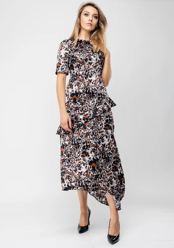 Seventy1 Abstract Print Satin Long Dress, Black Silk Maxi Skirt