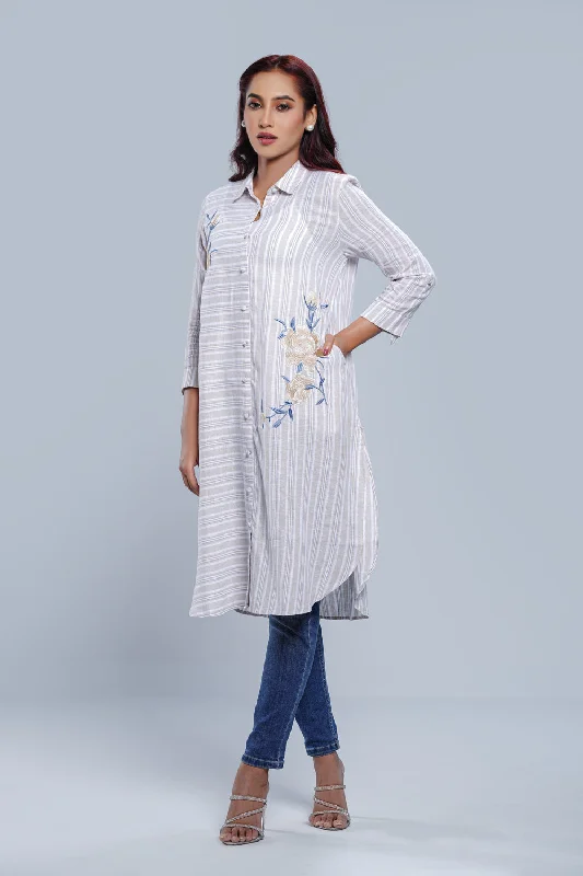Long-Length Striped Fabric Ethnic Kurta - One Piece Comfortable Maxi Skirt
