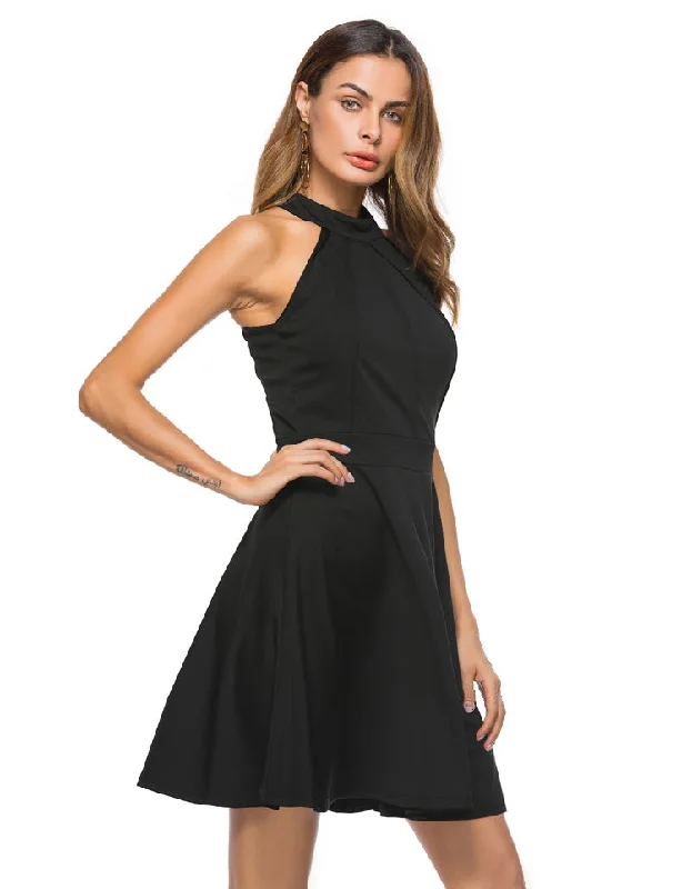 Women's Summer Halter-Neck Sleeveless A-Line Midi Dress Button-down Midi Skirt